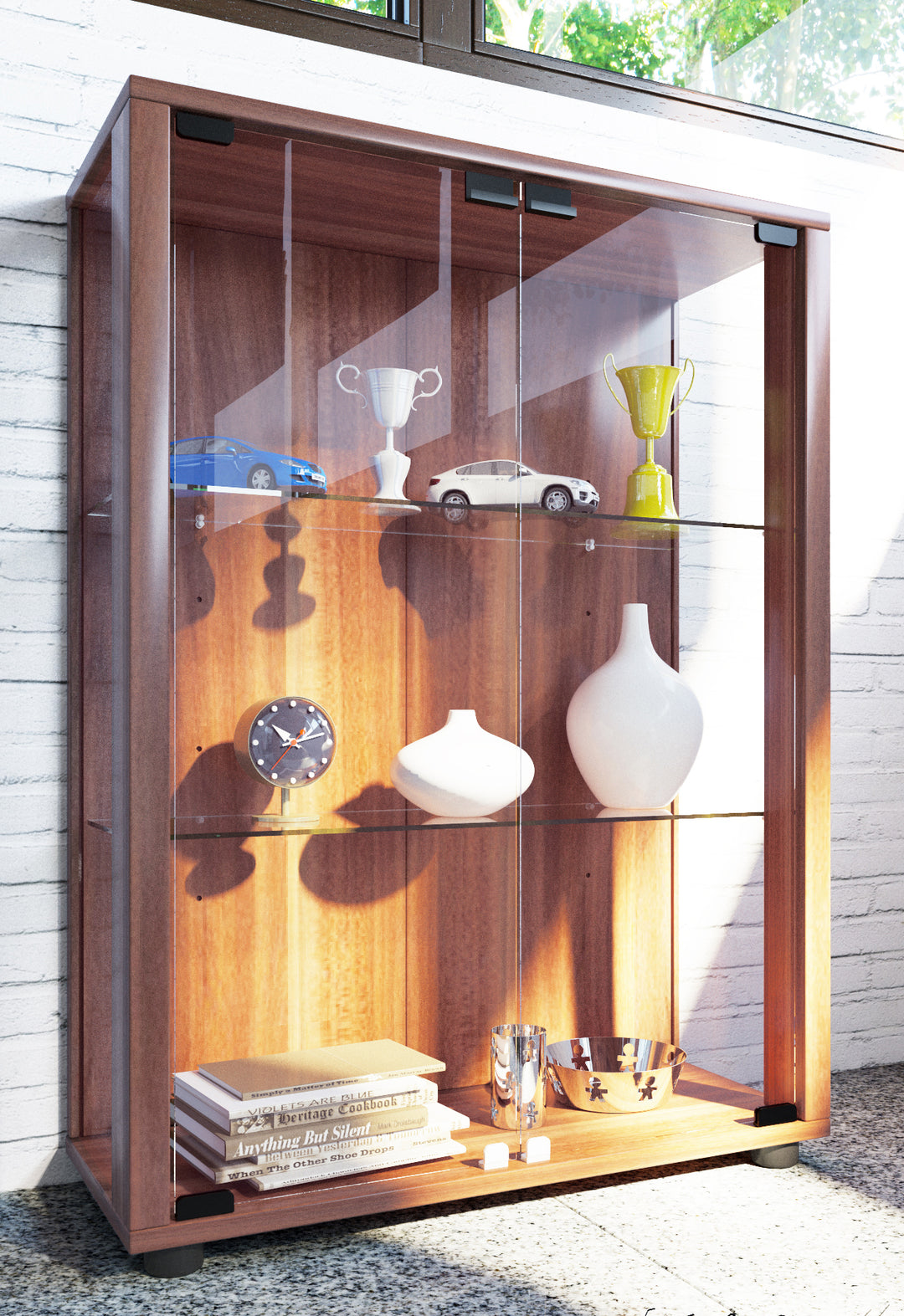 Gulv Vitrineskab "Sintalo" - Inkl. Led Lys, 80 x 60 x 25 cm, farve: valnød brun