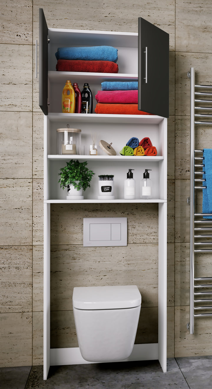 Skab til vaskemaskine, B. 64 x H. 190 x D. 25 cm, hvid med sorte låger