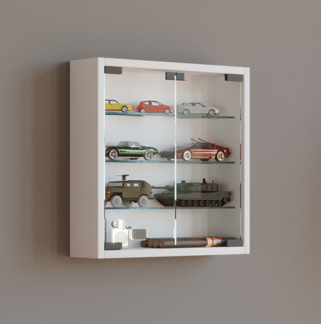 Vægvitrineskab med ESG sikkerhedsglas, hvid