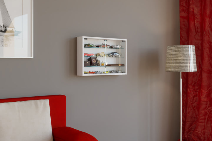 Vægvitrineskab med ESG sikkerhedsglas, hvid