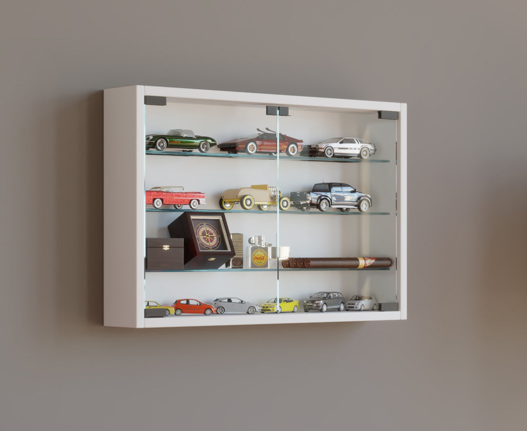 Vægvitrineskab med ESG sikkerhedsglas, hvid