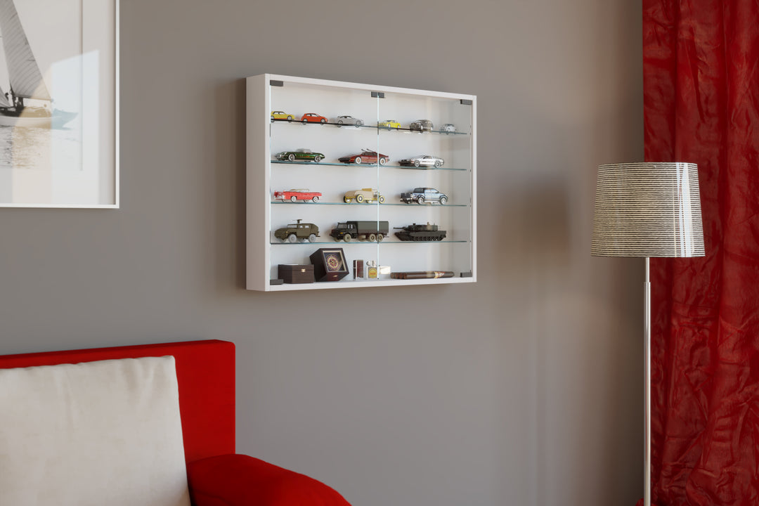 Vægvitrineskab med ESG sikkerhedsglas, hvid