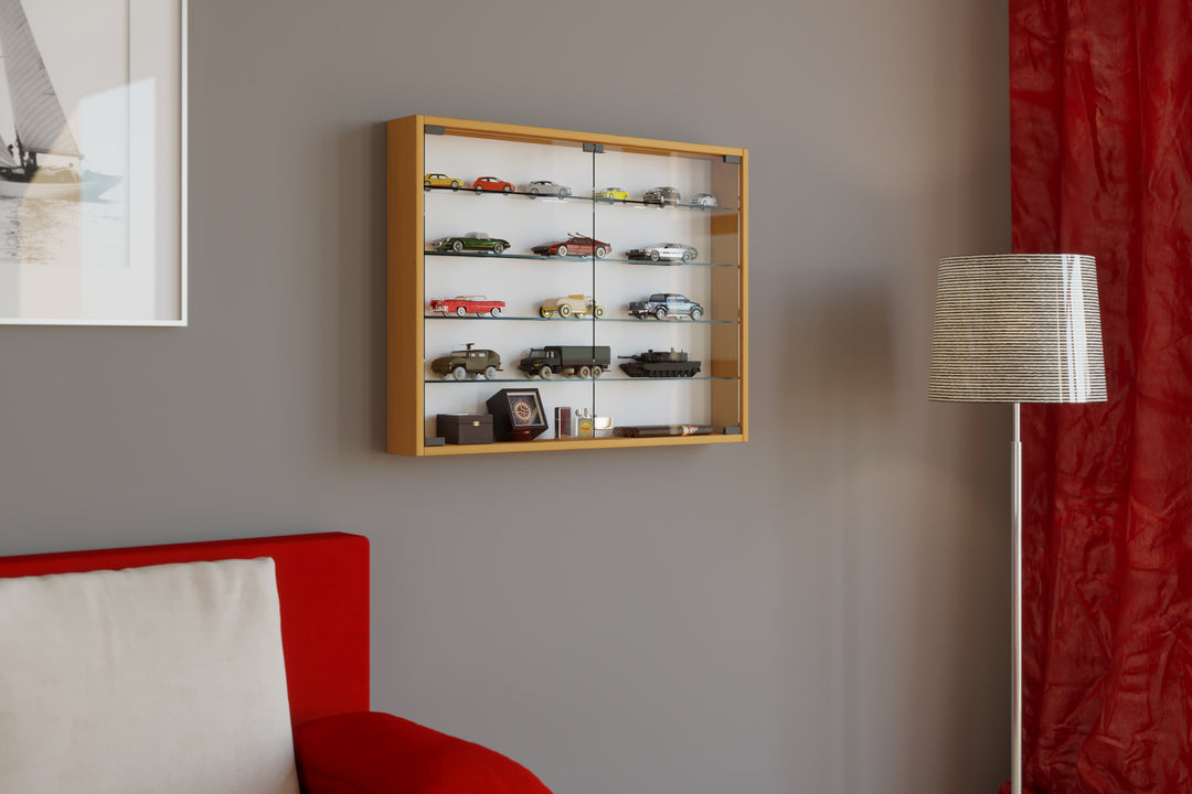 Vægvitrineskab, vægmontre, glasmontre, naturfarvet