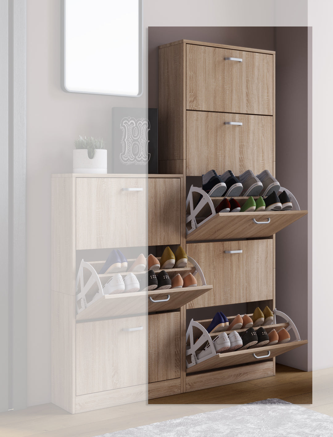 Praktisk og rummelig skoskab med vippefunktion, naturfarvet