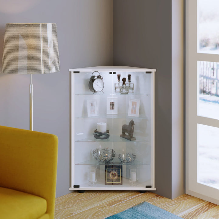 Gulvvitrineskab med sikkerhedsglas og 4 hylder, 88 x 67 x 23 cm, hvid