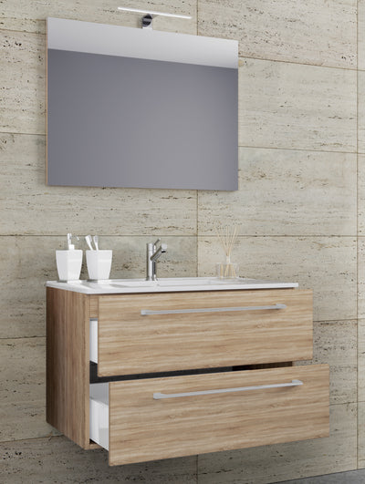 Underskab med keramisk vask og spejl, H. 50 x B. 80 x D. 46 cm, farve: sonoma