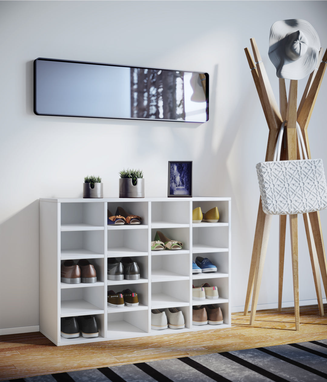 Stilfuld skoreol med plads til 20 par sko, hvid