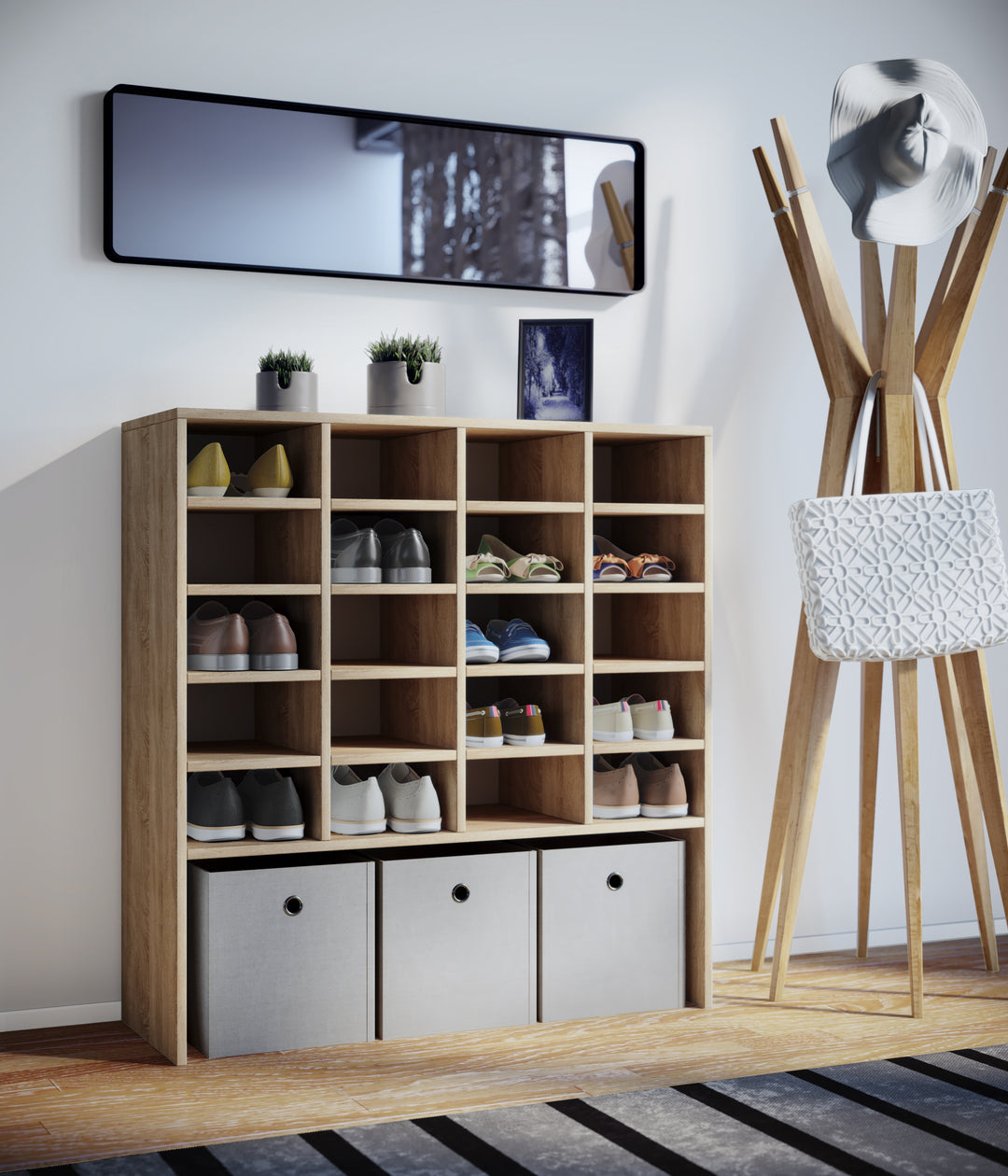 Rummelig skoreol, 92 x 99 x 33 cm, naturfarvet