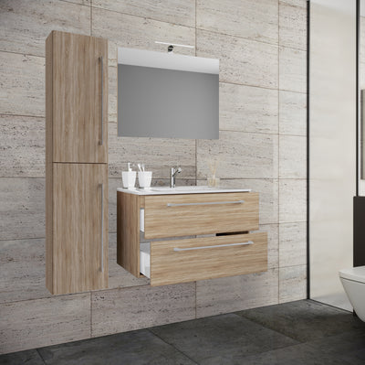 4-delt badeværelsessæt, 2 Skuffer" 80cm spejl + højskab, naturfarvet