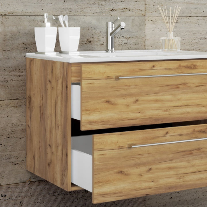 Underskab med keramisk vask og spejl, 50 x 80 x 46 cm, farve: naturfarvet honning eg