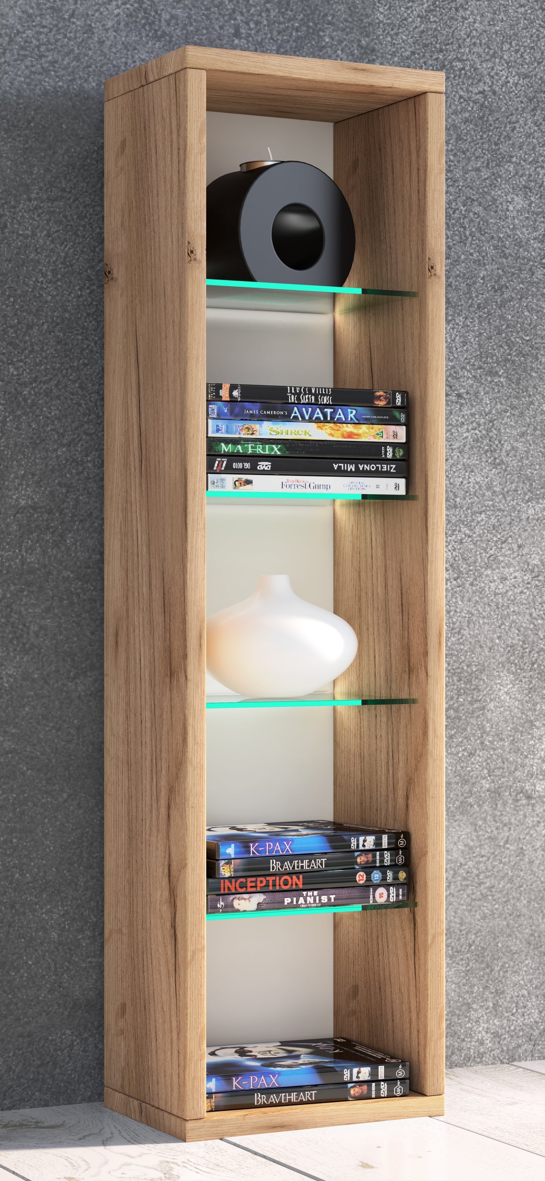 Reol med glashylder, CD/DVD-reol, h. 77 x b. 21 x d. 20 cm, naturfarvet