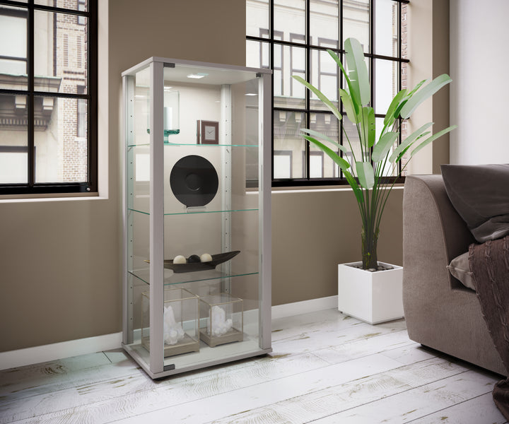 Vitrineskab i glas,115 x 50 x 38 cm, sølv