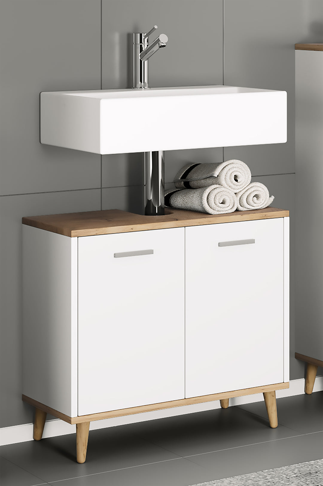 Underskab til badeværelset, 56x60x28 cm, hvid og naturfarvet