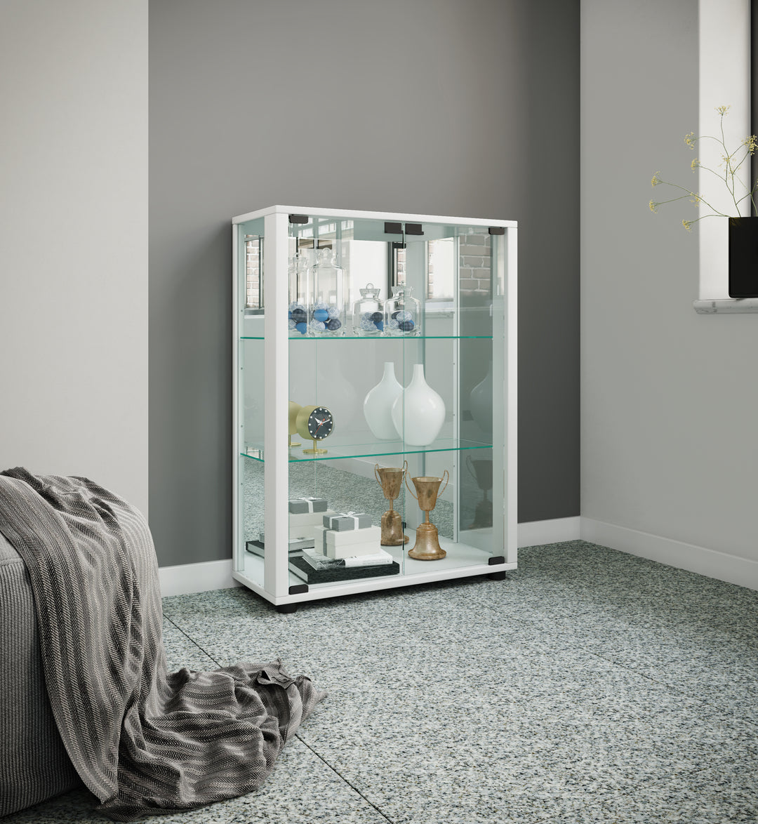 Gulv Vitrineskab "Sintalo" Med Spejl | LED Lys, 80 x 60 x 25 cm, hvid