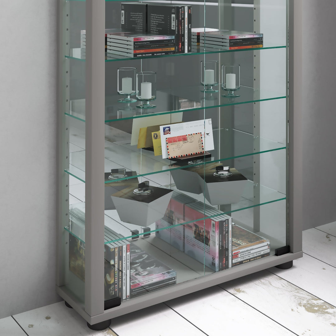 Gulvstående vitrineskab med spejl, 115 x 59 x 18 cm, sølv