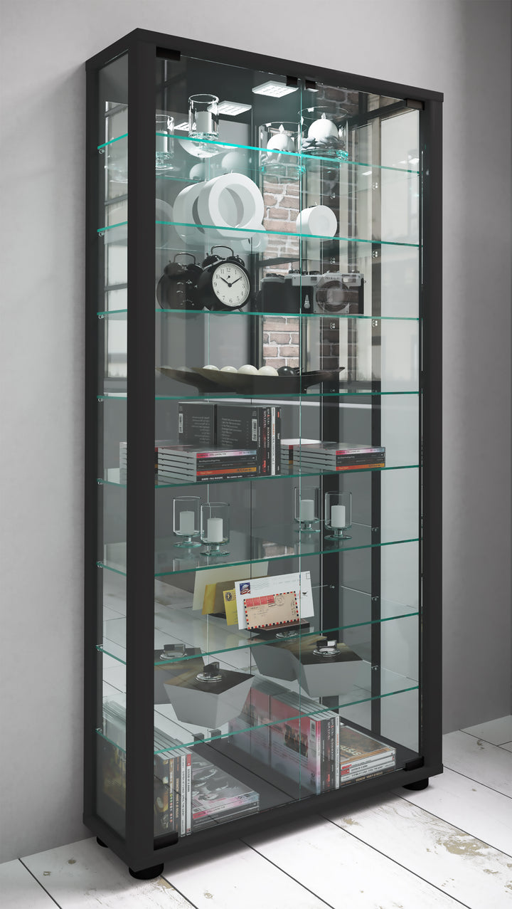 Gulv Vitrineskab "Lumo Maxi" Med Spejl | Inkl. Led Lys, 115 x 59 x 18 cm, sort