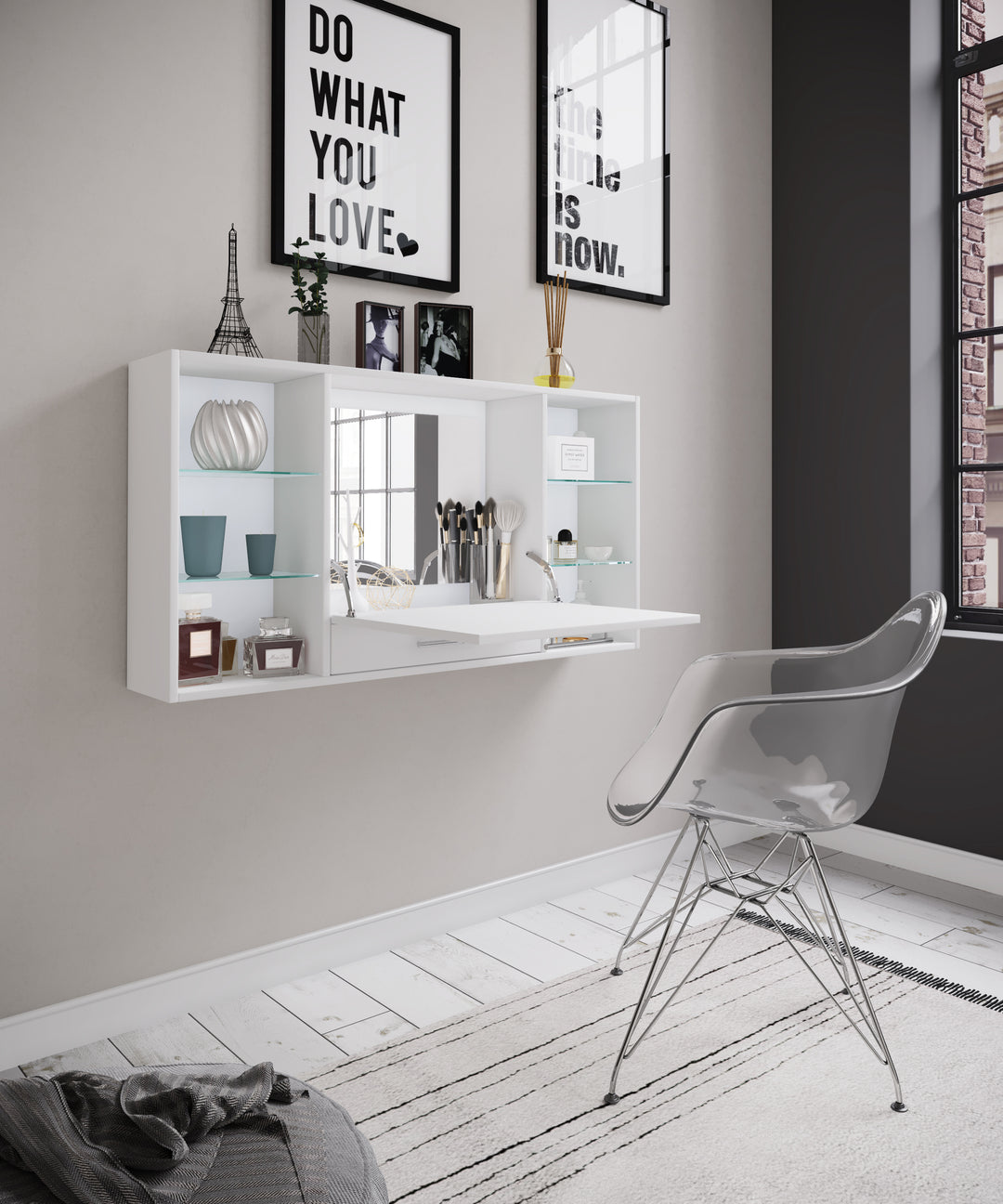 Pladsbesparende sminkebord til vægophæng, 60 x 115 x 20 cm, hvid