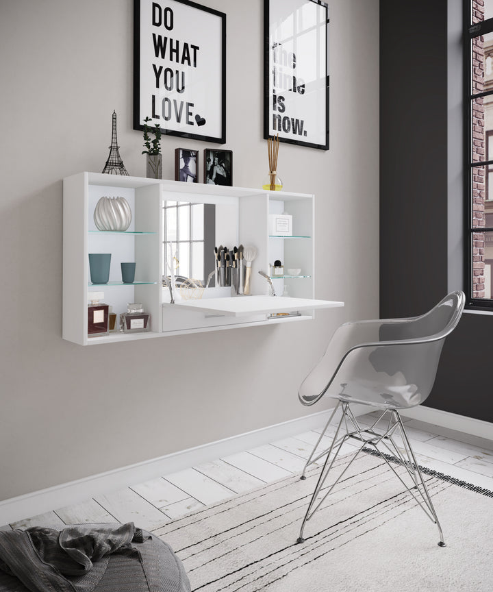 Pladsbesparende sminkebord til vægophæng, 60 x 115 x 20 cm, hvid