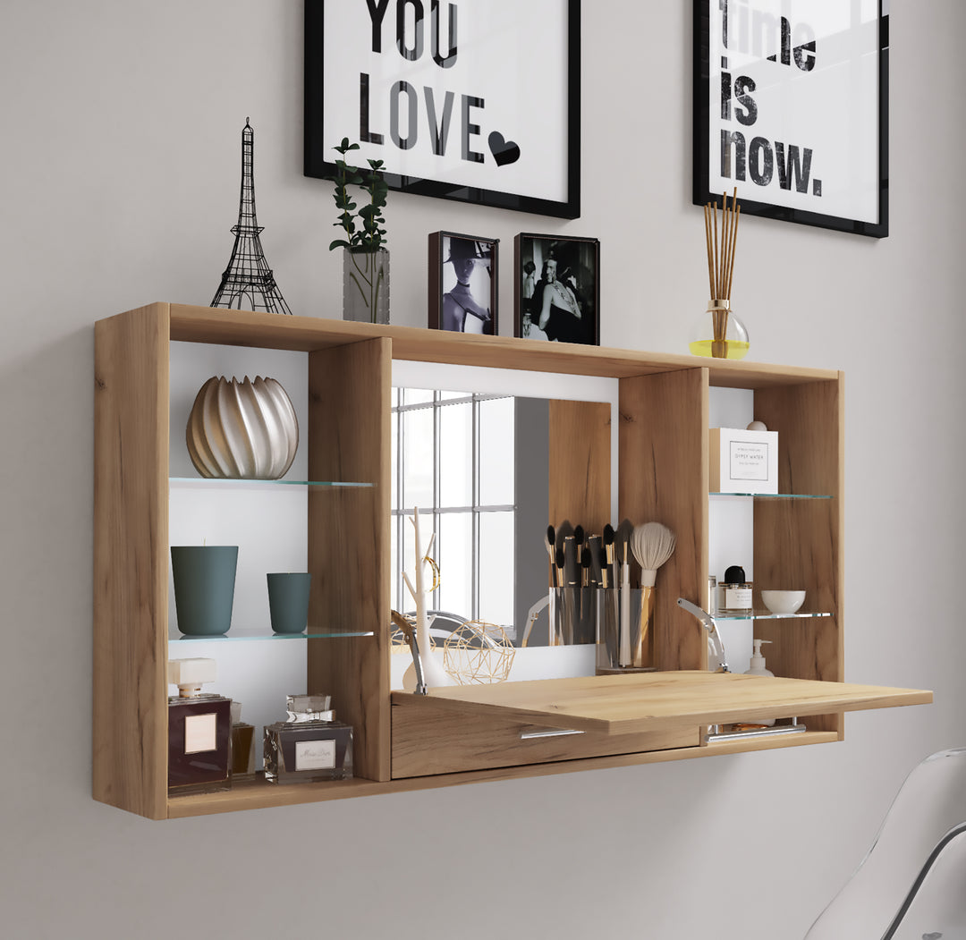 Pladsbesparende sminkebord til vægophæng, 60 x 115 x 20 cm, naturfarvet