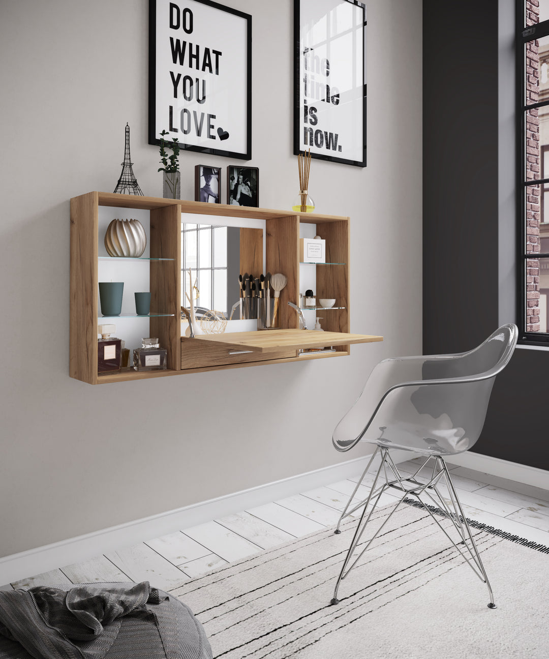 Pladsbesparende sminkebord til vægophæng, 60 x 115 x 20 cm, naturfarvet