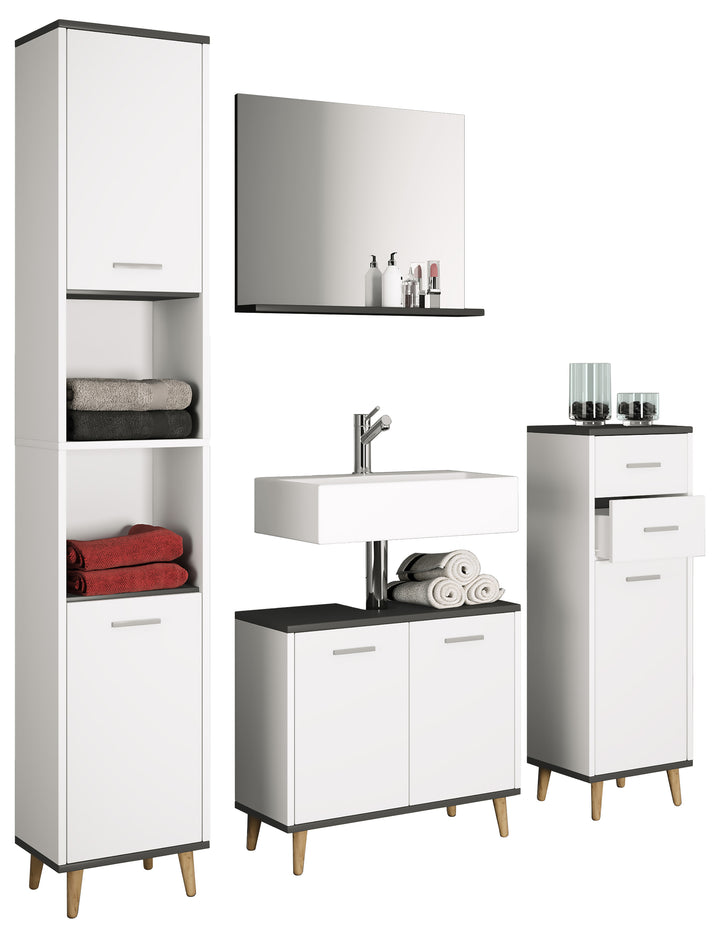 Badeværelsesmøbelsæt med 4 dele, underskab med vask, vægspejl, højt og mellemhøjt skab