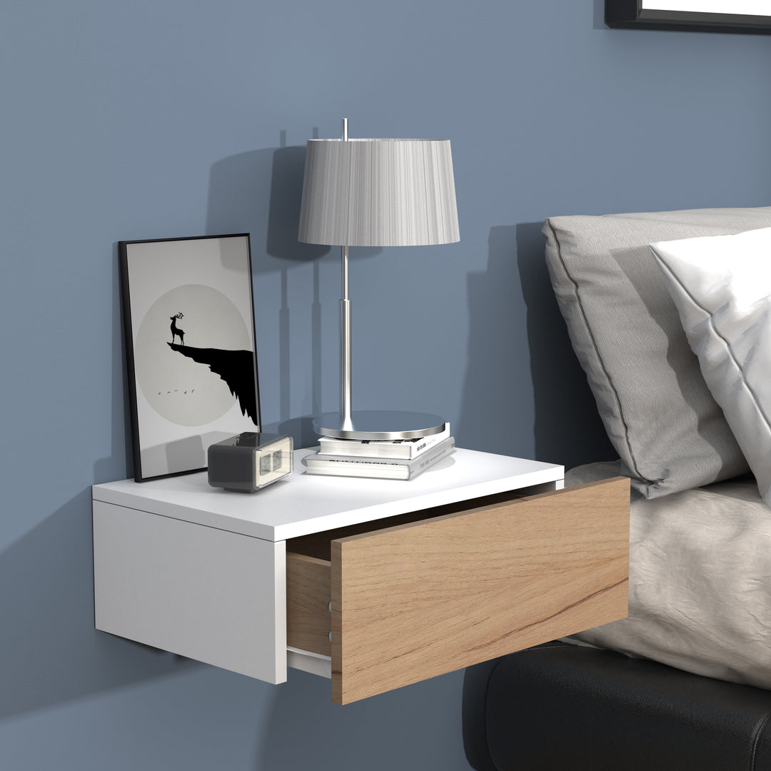 Vægbord / natbord / sengebord, h. 15 x b. 45 x d. 30 cm, naturfarvet og hvid