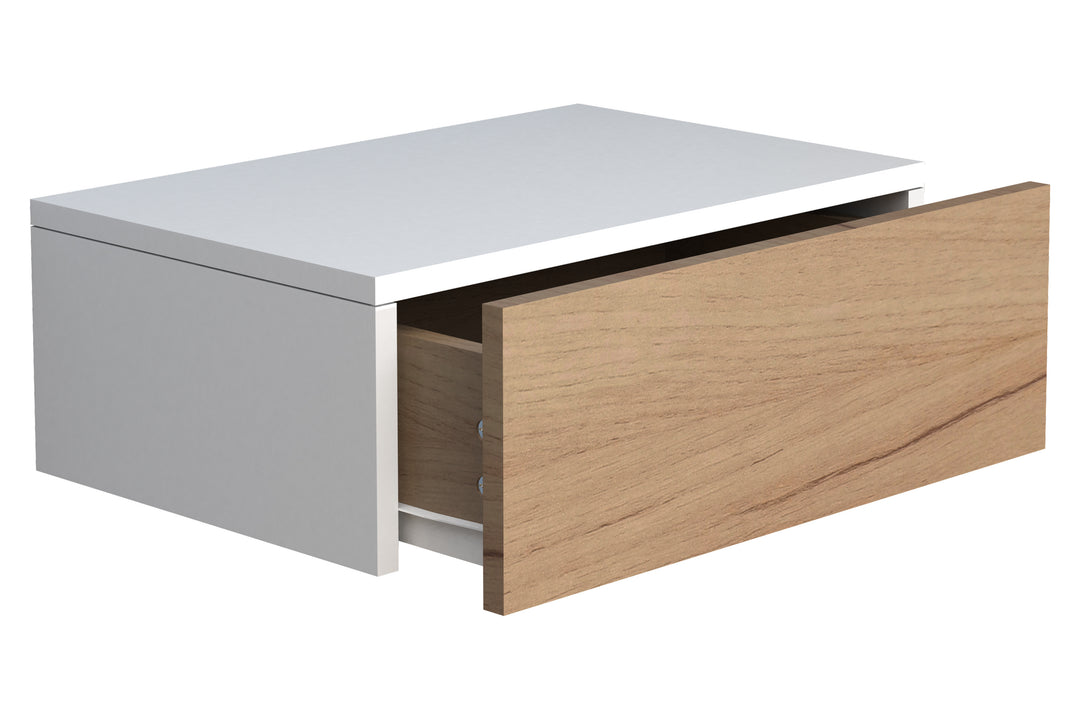 Vægbord / natbord / sengebord, h. 15 x b. 45 x d. 30 cm, naturfarvet og hvid