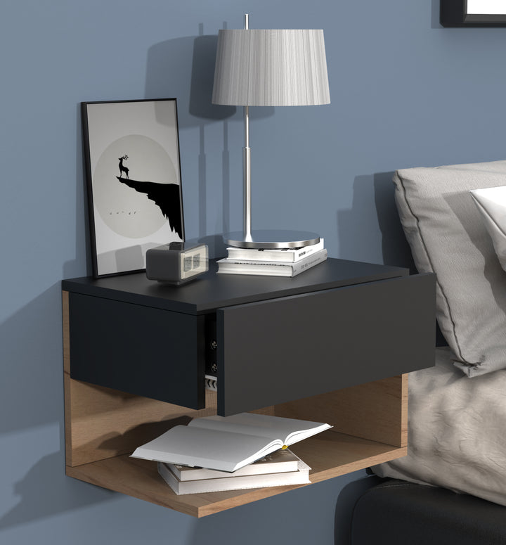 Vægbord / sengebord, 30 x 45 x 32 cm, sort og naturfarvet