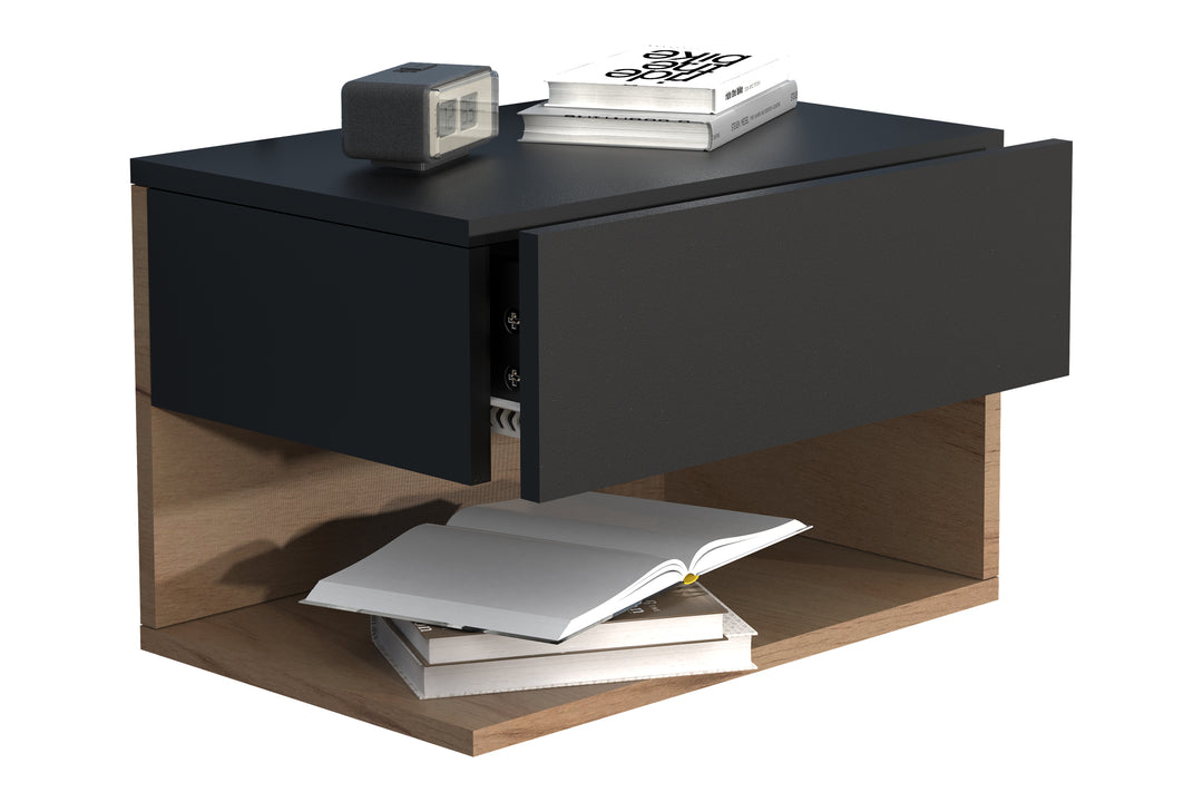 Vægbord / sengebord, 30 x 45 x 32 cm, sort og naturfarvet