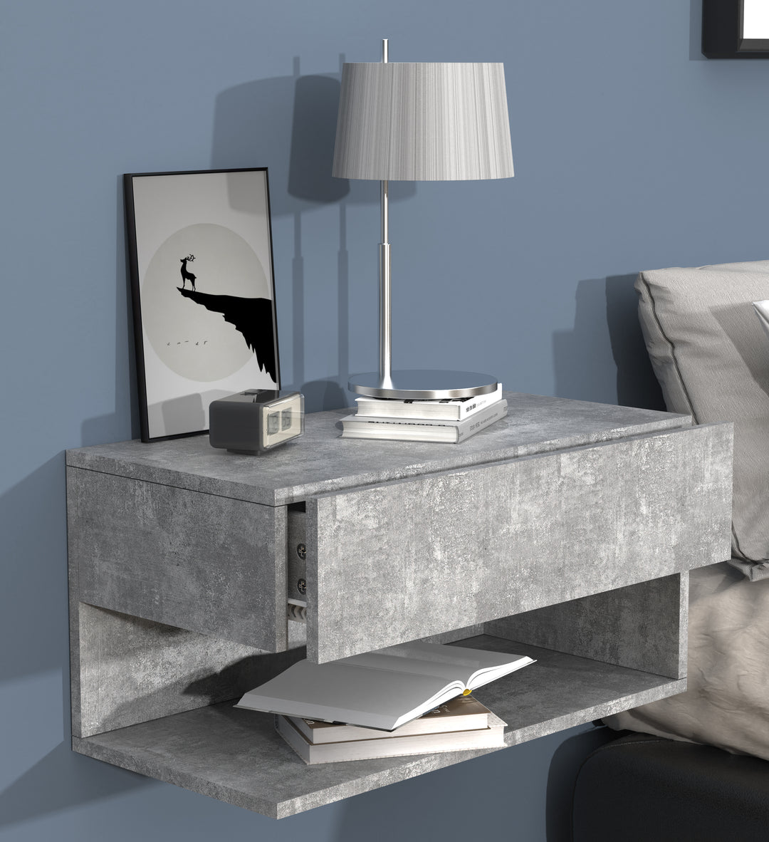 Vægbord / natbord / sengebord,  h. 30 x b. 60 x d. 32 cm, betongrå