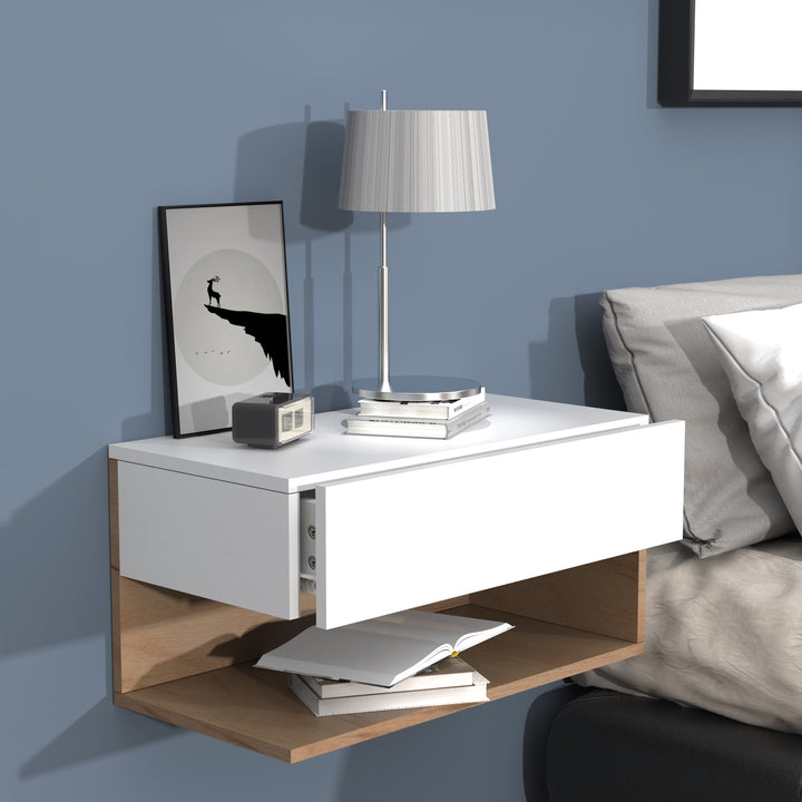 Væggængt sengebord, 30 x 60 x 32 cm, naturfarvet og hvid