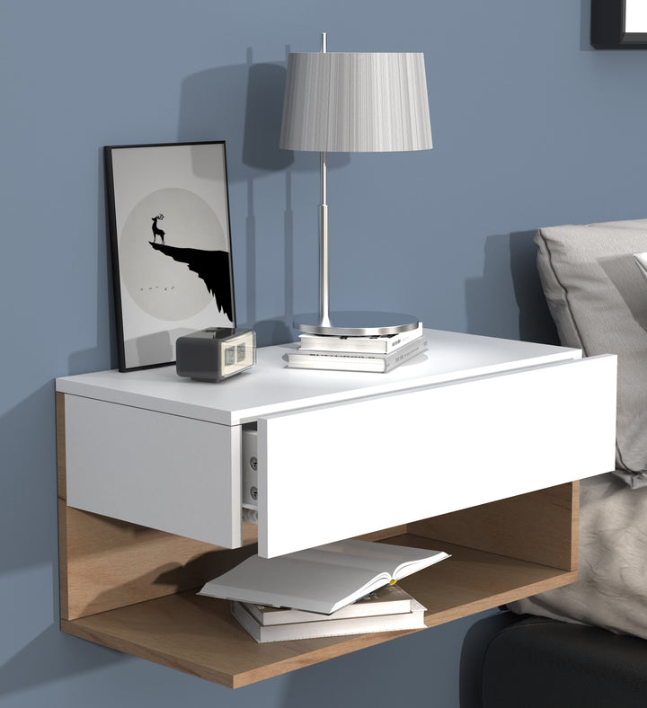 Væggængt sengebord, 30 x 60 x 32 cm, naturfarvet og hvid