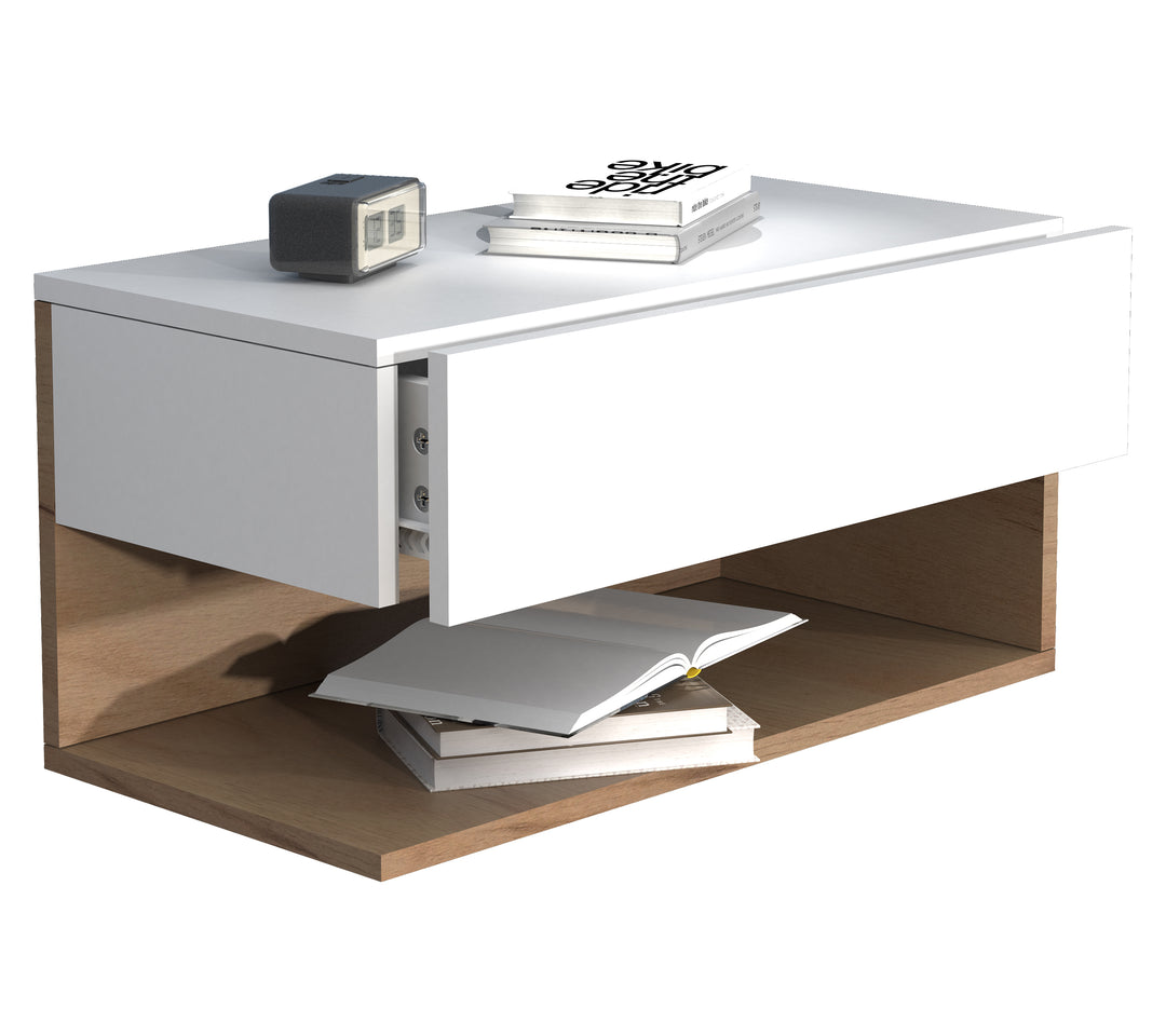 Væggængt sengebord, 30 x 60 x 32 cm, naturfarvet og hvid