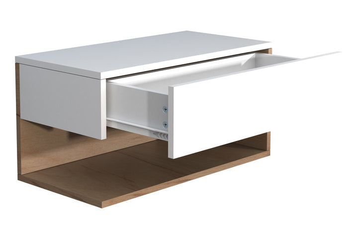 Væggængt sengebord, 30 x 60 x 32 cm, naturfarvet og hvid