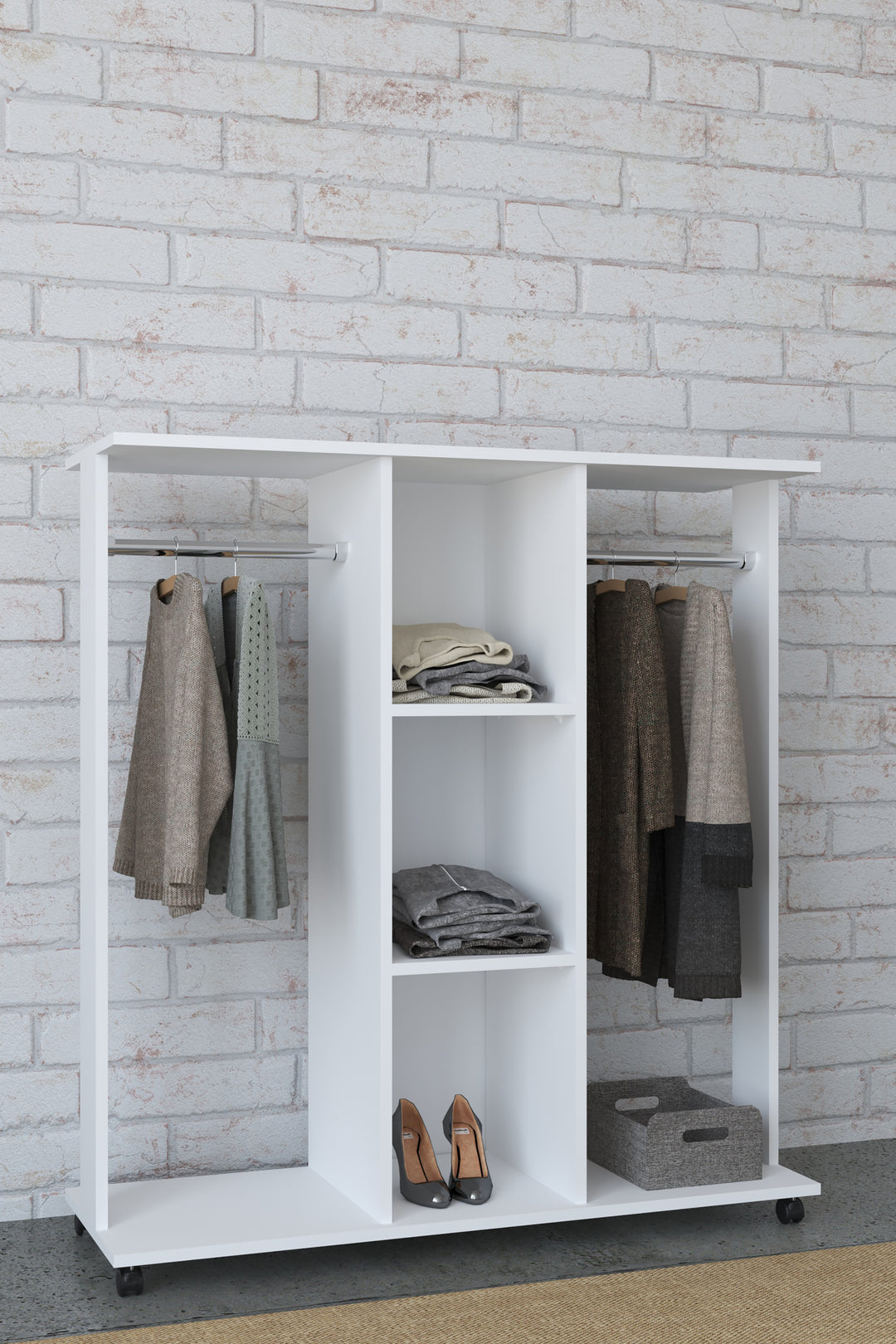 Åben garderobestativ på hjul, 124 x 116 x 40 cm, hvid