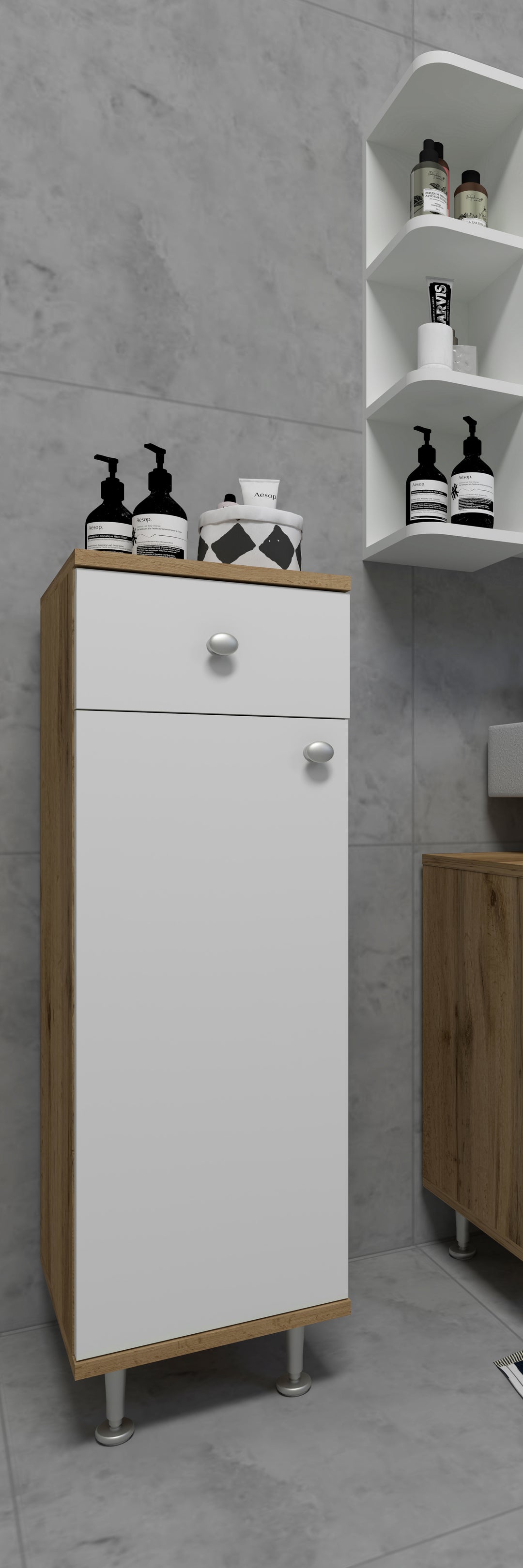 Badeværelsesskab/kommode, h. 95 x b. 30 x d. 30 cm, hvid og naturfarvet