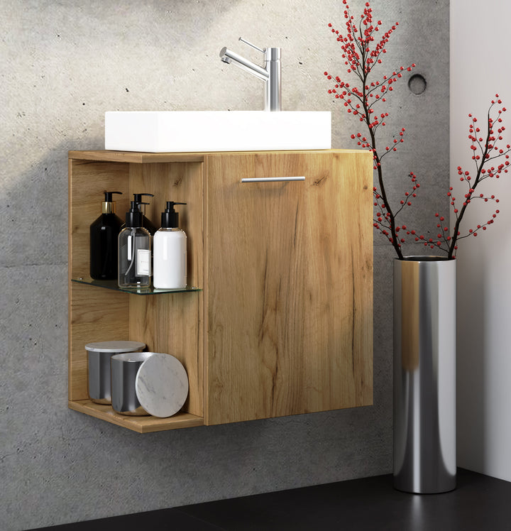 Badeværelsessæt med underskab og keramisk håndvask, 63 x 52 x 34 cm, naturfarvet