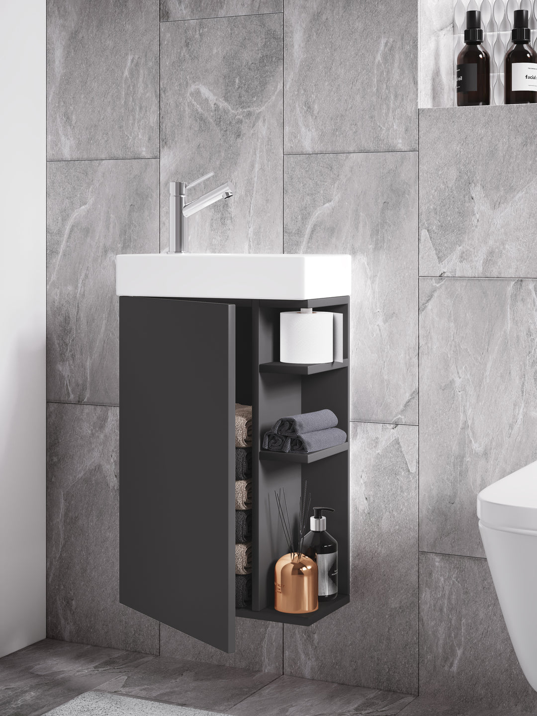 Badeværelsessæt med underskab og håndvask, h. 70 x b. 40 x d. 22 cm, antracit
