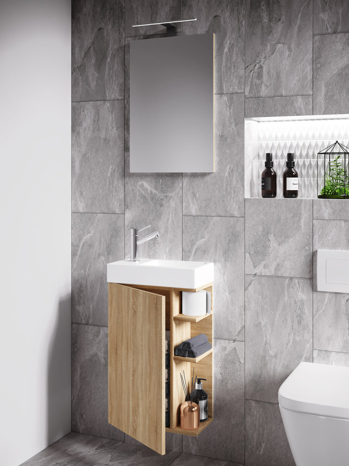 Badeværelsessæt med underskab, håndvask og vægspejl, naturfarvet