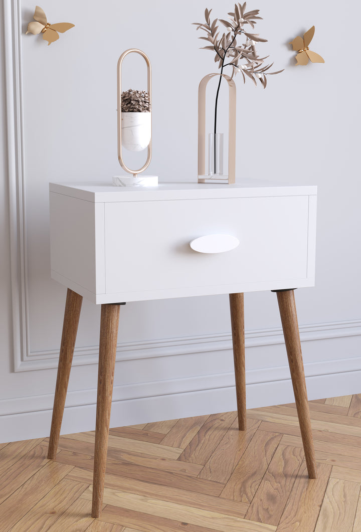 Natbord med skuffe, 60er stil, hvid