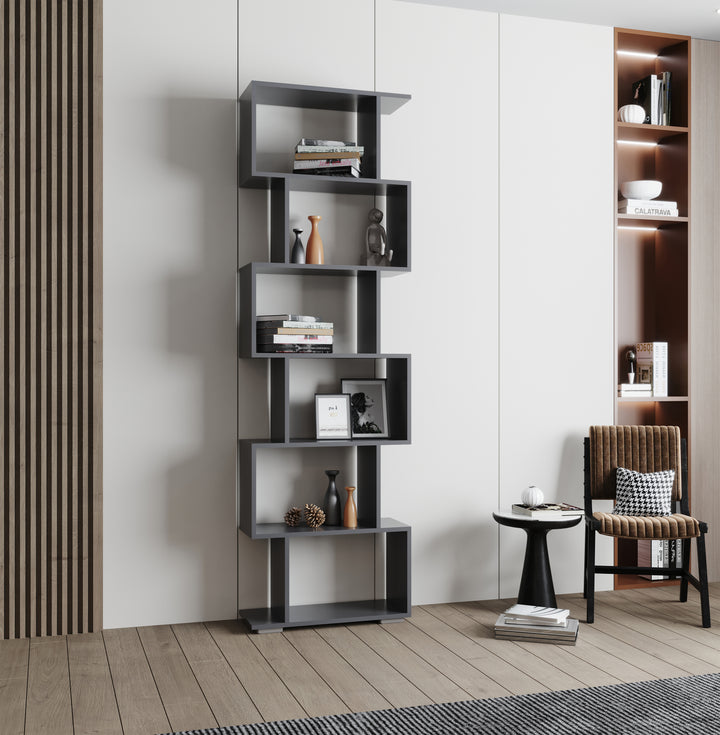 Dekorativ zig-zag reol, 196 x 60 x 24 cm, antracit grå