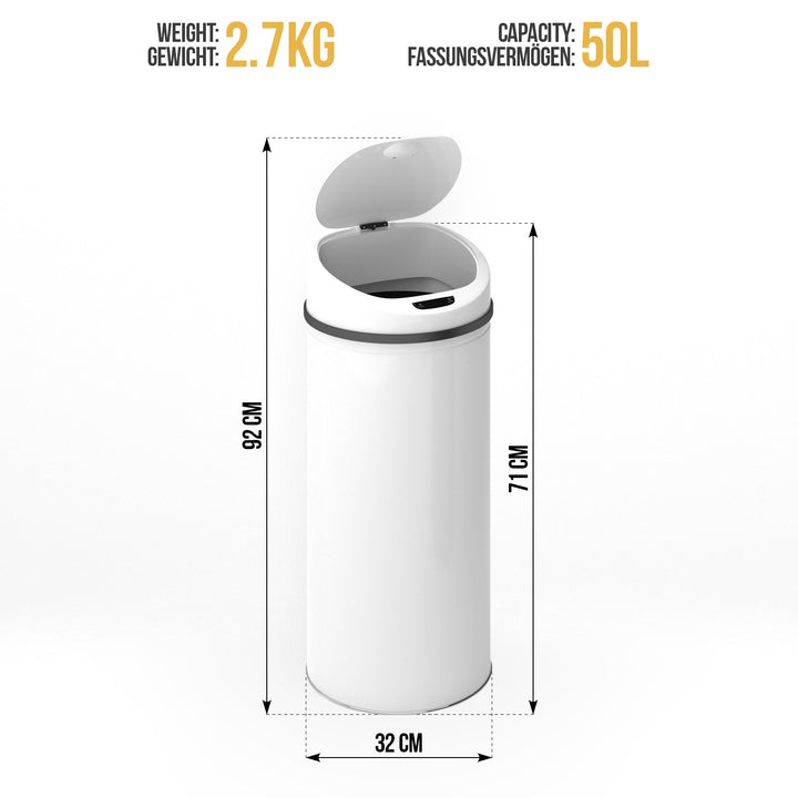 Håndfri sensor skraldespand - 50L, vandtæt, klemring, stål, hvid