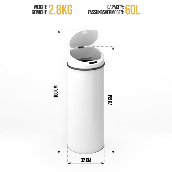 Håndfri sensor skraldespand - 60L, vandtæt, klemmering, stål, hvid