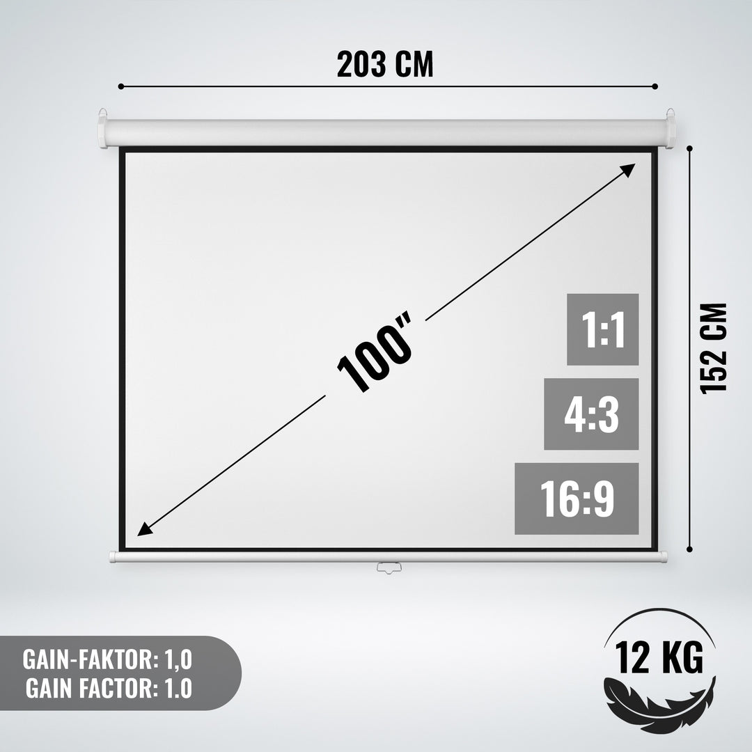 Projektorlærred - 203x152 cm, HD 4K 3D, 100 tommer, loftmontering/vægmontering
