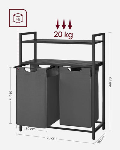 Vasketøjskurv med 2 rum, 46 liter pr. pose, sort/grå