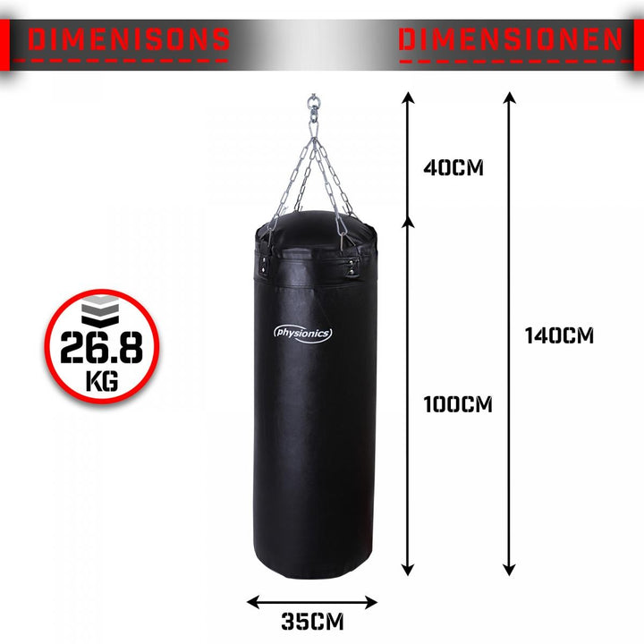 Boksesæk til voksne - fyldt, 35 cm, H100 cm, vægt 27 kg, inkl. 4-punkts stålkæde