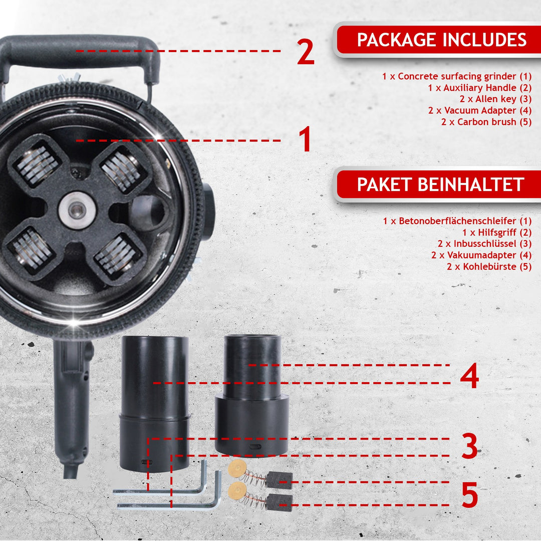 Betonfræser, 1500 W, med sug, hastighed 2500-4500 o/min, kophjul: diameter op til 140 mm