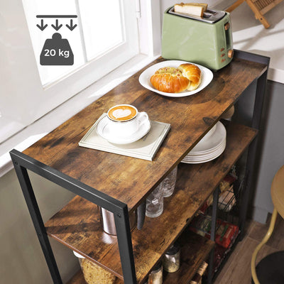 Konsolbord til køkkenet med 2 trådkurve i rustik brun, mat sort metal fyldt med tallerkener og kaffe kan bære op til 20 kg