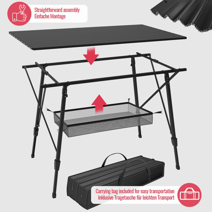 Campingbord - foldbart, højdejusterbart, 90x45 cm, aluminium, sort