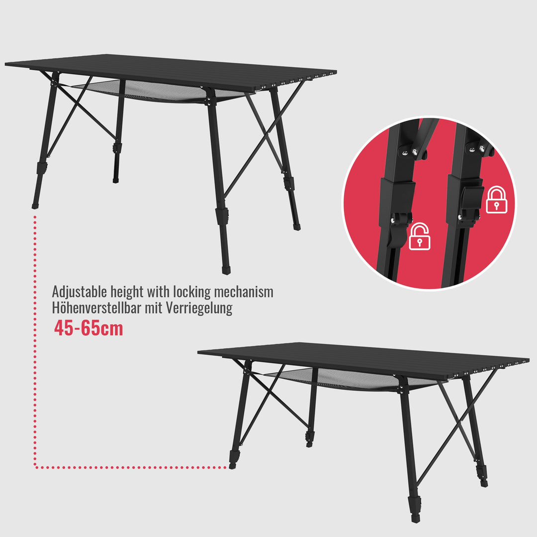Campingbord - foldbart, højdejusterbart, 90x45 cm, aluminium, sort